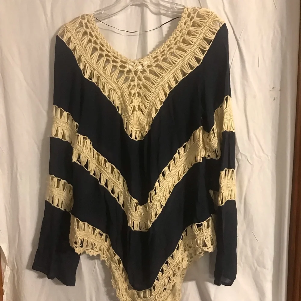 UmGee boho v neck top hollow out coverup. Navy fabric with beige crochet.